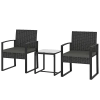 Outsunny Rattan Bistro Set, 3 Piece Garden Furniture Set with Glass Top Table and Cushions, Dark Grey(m-11)