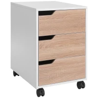 HOMCOM Rollcontainer, Aktenschrank, Bürocontainer mit 3 Schubladen, Büroschrank, Aufbewahrung, Container,4 Universalräder, MDF, Natur+Weiß, 40 x 50 x 57,5 cm(m-12)