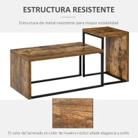 HOMCOM Juego de 2 Mesas de Centro, Mesa Nido Moderna, Mesitas Auxiliares, Marco de Metal, para Salón, Dormitorio, Grande 90x48x42 cm y Pequeña 59x42x36 cm, Marrón Rústico y Negro(m-5)