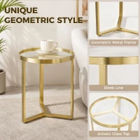 HOMCOM Round Side Table with Tempered Glass Top and Geometric Metal Frame for Small Space, Gold Tone(m-4)
