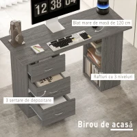 HOMCOM Birou pentru PC cu 3 Sertare și 3 Rafturi, Birou pentru Cameră și Birou din MDF 120x49x72 cm, Gri(m-4)