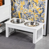 PawHut Gamelles chiens surélevées gamelle double chien chat Porte-gamelles surélevé dim. 44L x 24l x 15H cm 2 gamelles 0,9L acier inox. incluses bois blanc(m-10)