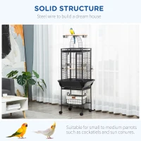 PawHut 156cm Bird Cage, Parrot Cage with Open Play Top, Perch, Seed Guard, Wheels, Storage Shelf, Dark Grey(m-7)