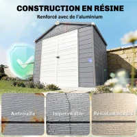 Outsunny Abri de jardin en résine 4,56 m² avec kit de fondation galvanisé structure en aluminium 240 x 190 x 228 cm gris foncé(m-4)