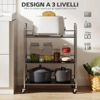 HOMCOM Carrello Multiuso a 4 Livelli con Ripiano Centrale Regolabile e Bordi Rialzati, in Acciaio Inox, 60x35x77 cm(m-4)