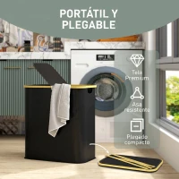 HOMCOM Cesto de Ropa Sucia Plegable con Tapa 80 L de Tela no Tejida 2 Compartimentos Asas 54x34x58,5 cm Negro(m-6)