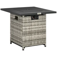 Outsunny Outdoor PE Rattan Gas Fire Pit Table, Patio Square Propane Heater with Rain Cover, Mesh Lid and Lava Stone, 40,000 BTU, Mixed Grey(m-10)