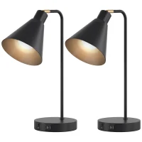 HOMCOM Set de 2 Lămpi de Masă Moderne din Oțel cu Porturi USB, E27, Becurile Nu Sunt Incluse, Negru(m-10)