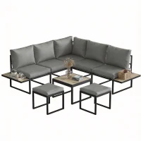Outsunny Salon de jardin extérieur 6 personnes modulable table basse et plateaux latéraux en bois PSPC coussins épais 10cm gris(m-12)
