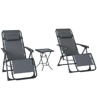 Outsunny Lot de 2 chaise longue pliable et inclinable avec table d'appoint, porte-gobelets et appuie-têtes, charge 120 kg, gris(m-11)