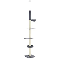 PawHut 240-270cm Floor-To-Ceiling Cat Tree, 5 Tier Cat Climbing Tower, with Bed, Hammock, Platforms, Dark Grey and Cream(m-10)