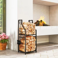 Outsunny Estante de Leña Metálico de Chimenea Soporte para Leña de 2 Niveles con 4 Herramientas Ganchos 34x30x80 cm Negro(m-10)