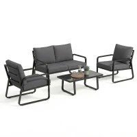 Outsunny Salon de Jardin 4 Pièces avec Coussins Déhoussables Très Épais 10cm Table Basse en Verre Trempé Noir(m-11)