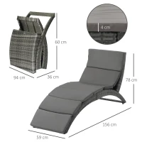 Outsunny Folding Sun Lounger, PE Rattan Garden Lounger Chair with Soft Padded Cushion, Ergonomic Curved Design Sun Bed for Balcony, Garden, Grey(m-3)