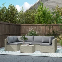 Outsunny Salon de jardin extérieur modulable 6 personnes en résine tressée avec canapés et table basse en verre trempé, marron(m-10)