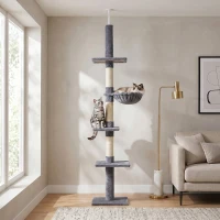 PawHut Albero Tiragraffi a 4 Livelli ad Altezza Regolabile, in Truciolato, Peluche e Sisal, 40x34x230-260 cm, Grigio(m-2)