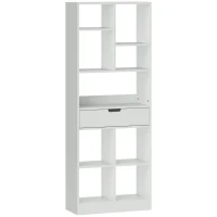 HOMCOM Bücherregal, Mehrzweckregal, 9 Fächer, Schublade, Kippschutz, 60 x 26 x 158 cm, Weiß(m-1)