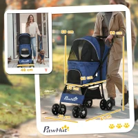 PawHut Passeggino per Cani con Cesto, Cuscino e 2 Guinzagli, in Acciaio e Tessuto Oxford, 81x48x99 cm, Nero e Blu Scuro(m-3)