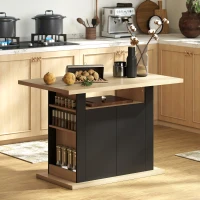 HOMCOM Kitchen Island with Spice Rack, Kitchen Storage with Large Tabletop for 4 People, Adjustable Shelves Black & Natural(m-10)