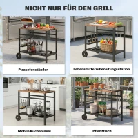 Outsunny Küchenwagen mit Rollen, Servierwagen, Rollwagen mit Haken, Getränkehalter, Metall, 97 x 51 x 83 cm Schwarz+Braun(m-8)