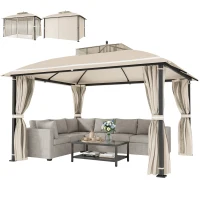 Outsunny Gazebo da Giardino 3.7 x 3 m con Zanzariera, Tende Laterali e Doppio Tetto, Beige(m-11)