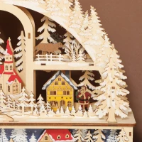 HOMCOM Weihnachtsdorf mit LED-Leuchtung, 45 cm Weihnachtsstadt mit Schneemann, Renntier und Bäume Naturholz(m-9)