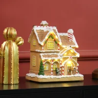 HOMCOM Lebkuchenhaus mit LED-Lichtern und Musik, Weihnachtshaus Winterlandschaft mit Lebkuchenmann, für Weihnachten, Braun(m-2)