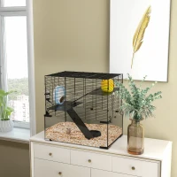 PawHut Gabbia per Criceti a 3 Livelli con Ruota, Rampe e Fondo Rimovibile, 60x40x57cm, Nero(m-10)