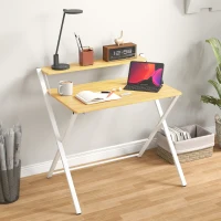 HOMCOM Compact Folding Desk for Small Spaces, Foldable Computer Desk with Storage Shelf for Home Office, 2-Tier Study Writing Table, 86 x 66 x 82 cm, Maple Wood-effect(m-10)