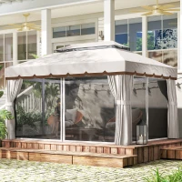 Outsunny Pérgola de Jardim 390x290x270 cm com 4 Cortinas Laterais 4 Telas Mosquiteiras e 8 Orifícios de Drenagem Creme(m-10)