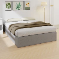 HOMCOM Lit coffre 140 x 190 cm, cadre de lit double rembourré, sommier à lattes en bois, rangement caché, sans bruit, gris(m-11)
