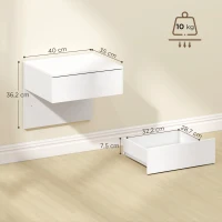 HOMCOM Juego de 2 Mesitas de Noche Flotantes con Cajón Montado en la Pared para Dormitorio 40x35x36,2 cm Blanco Brillo(m-3)