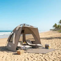 Outsunny 2-3 Person Pop Up Beach Tent, UPF15+ Sun Shelter with Extended Floor, Sandbags, Mesh Windows and Carry Bag, Brown(m-10)