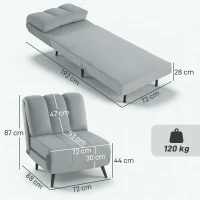 HOMCOM Sofá-Cama Individual 3 em 1 Dobrável com Encosto Ajustável e Almofada Espessa para Sala 72x88x87 cm Cinzento(m-3)