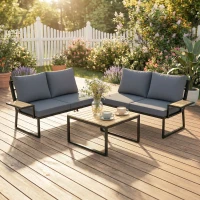 Outsunny 4 Seater Metal Garden Furniture Set, Corner Garden Sofa Set with 2 Loveseats, 2 Nesting Tables, Arm Side Trays, Teak(m-14)
