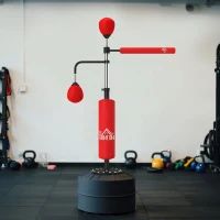 HOMCOM Sac de Box de Podea 4 în 1 cu 2 Speedball-uri, Bară Rotativă și Sac, Înălțime Reglabilă 160-230 cm, Roșu(m-9)
