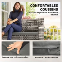 Outsunny Canapé de jardin 2 places en résine tressée avec coussins canapé d'extérieur avec accoudoirs 115 x 63 x 85 cm gris clair(m-6)