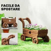 Outsunny Fioriera in Legno a Carretto con 4 Ruote, Maniglia e Fori di Drenaggio, 68x38x52 cm, Legno(m-6)