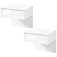 HOMCOM Juego de 2 Mesitas de Noche Flotantes con Cajón Montado en la Pared para Dormitorio 40x35x36,2 cm Blanco Brillo(m-11)