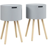 HOMCOM Modern Side Table with Hidden Storage Space, Round Night Stand with Removable Tray Wood Frame End Coffee Table for Living Room, Set of 2, Grey(m-1)