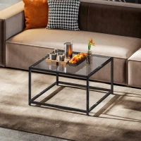 HOMCOM Beistelltisch Quadratisch Nachttisch mit Hartglas-Tischplatte, Couchtisch mit Beinen aus Stahl 68 x 68 x 39 cm Schwarz(m-10)