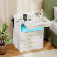 HOMCOM Nachttisch, Beistelltisch mit Ladestation und RGB-LED-Beleuchtung, Hochglanz Weiß(m-2)