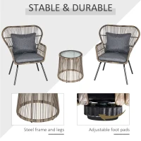 Outsunny 3 Pieces Rattan Bistro Set, Wicker Garden Furniture Set with Cushions, Glass Top Coffee Table and Chairs for Outdoor, Patio, Balcony, Grey(m-6)