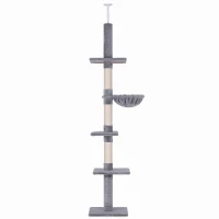 PawHut Albero Tiragraffi a 4 Livelli ad Altezza Regolabile, in Truciolato, Peluche e Sisal, 40x34x230-260 cm, Grigio(m-11)