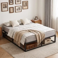 HOMCOM Estructura de Cama 140 x 190 cm con Somier, Cama Doble con Bolsillo de Almacenamiento, Soporte de Lamas de Madera, Negro(m-4)