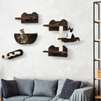 PawHut 4PCs Wall-Mounted Cat Shelves w/ Scratching Post, Hammock, Nest - Brown(m-10)