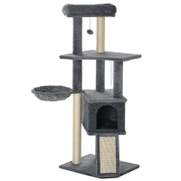 PawHut Albero Tiragraffi per Gatti Alto 127 cm con Pali Graffiatoi in Sisal, Rampa, Cesto, Cuccia, Amaca, Grigio(m-1)