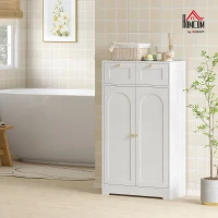 HOMCOM Armario de Baño Estrecho con 2 Cajones Estante Abierto y Puerta con Panel Arqueado 60x30x108 cm Blanco Veteado(m-10)