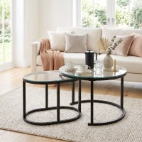 HOMCOM Nest of Tables with Steel Frame and Tempered Glass Tabletop, Modern Coffee Table Set of 2, Black(m-14)