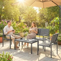Outsunny 4 Piece Garden Furniture Set, Outdoor Sofa Set with HDPE Slatted Loveseat Armchairs Coffee Table Metal Frame, Dark Grey(m-10)
